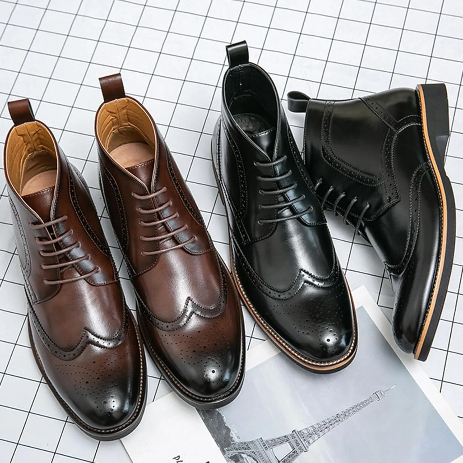 Men's Leather Wingtip Carving Lace Up Chelsea Dress Boots Fashion British Style Pointed Toe Brogue Oxford Boots Casual Business Formal Boots