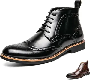 Men's Leather Wingtip Carving Lace Up Chelsea Dress Boots Fashion British Style Pointed Toe Brogue Oxford Boots Casual Business Formal Boots