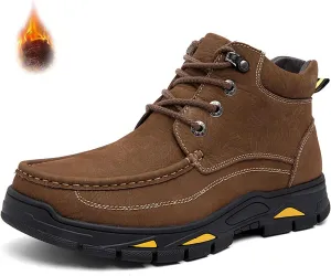 Men's Real Leather Lace-Up Platform Hiking Boots Fashion High Top Round Toe Handmade Lightweight Non-Slip Trekking Shoes Casual Climbing Hiker Outdoor Boots