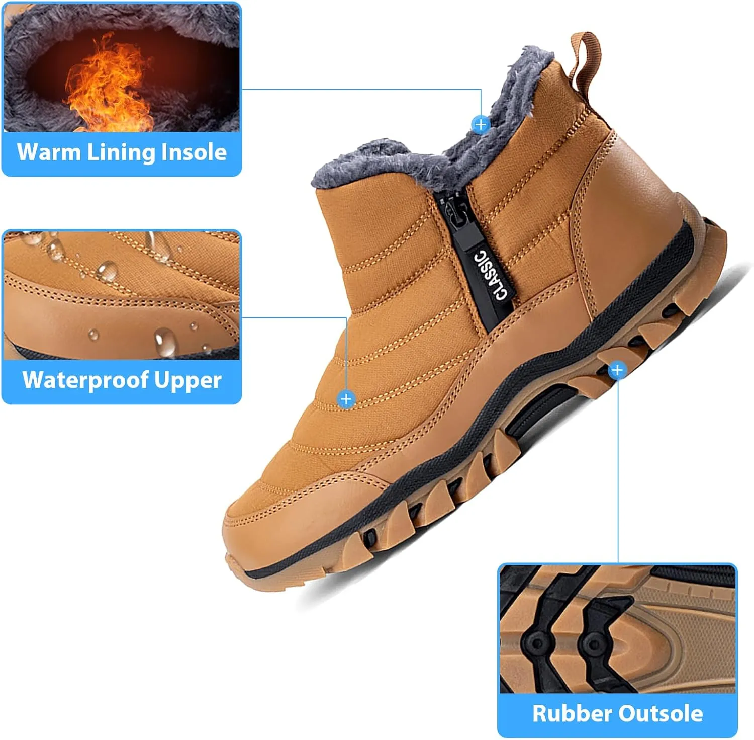 Men's Snow Boots Lightweight Waterproof Winter Boots Fur Lined Anti-slip Cold Weather Shoes Winter Trekking Warm Ankle Boots