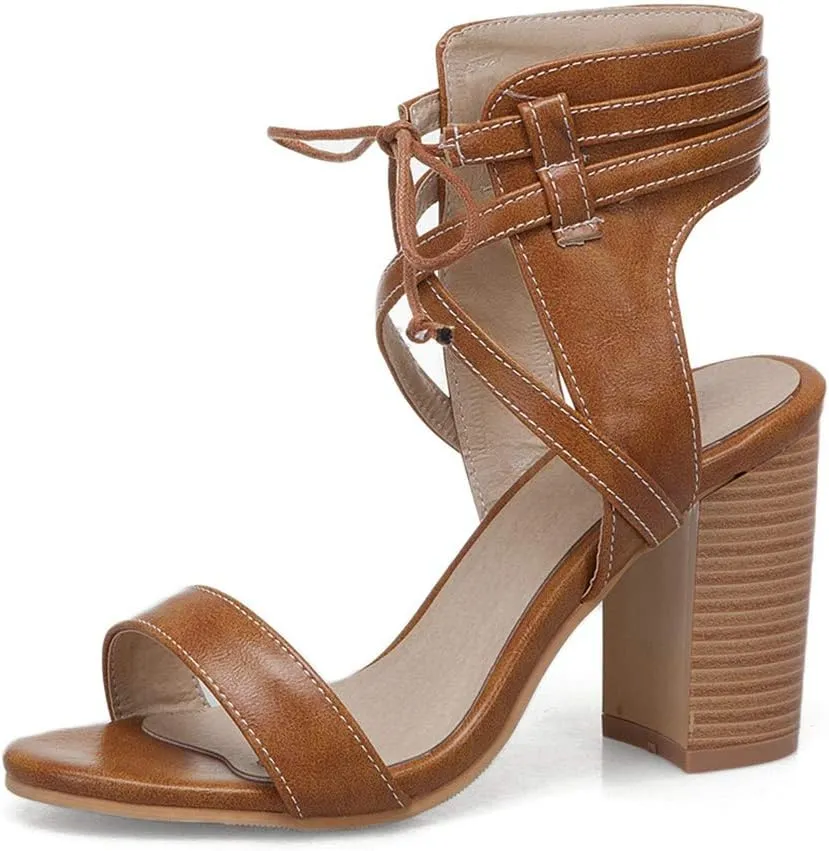 MIOKE Women's Stacked Block High Heel Sandals Open Toe Cutout Lace Up Chunky Heeled Dress Sandal Pumps