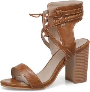 MIOKE Women's Stacked Block High Heel Sandals Open Toe Cutout Lace Up Chunky Heeled Dress Sandal Pumps
