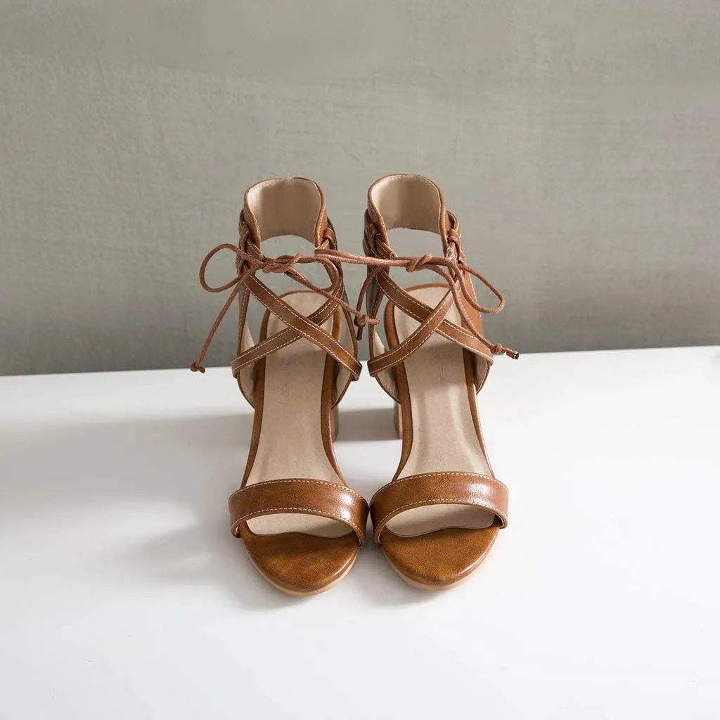 MIOKE Women's Stacked Block High Heel Sandals Open Toe Cutout Lace Up Chunky Heeled Dress Sandal Pumps