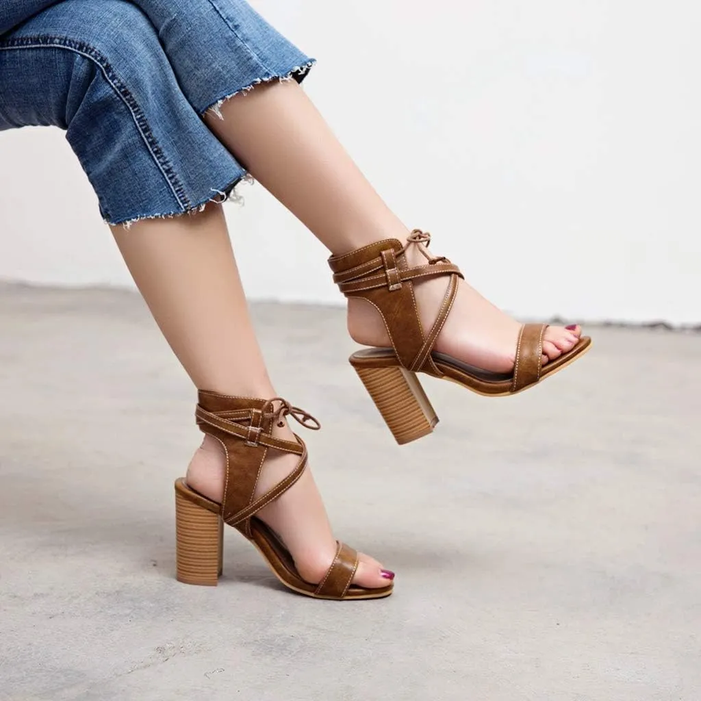 MIOKE Women's Stacked Block High Heel Sandals Open Toe Cutout Lace Up Chunky Heeled Dress Sandal Pumps
