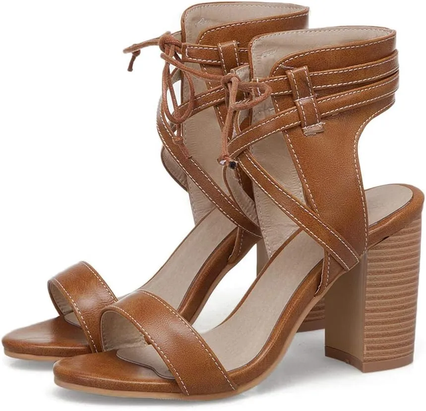 MIOKE Women's Stacked Block High Heel Sandals Open Toe Cutout Lace Up Chunky Heeled Dress Sandal Pumps