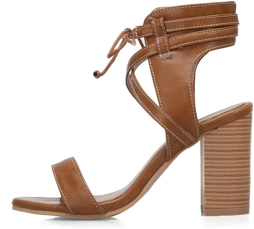 MIOKE Women's Stacked Block High Heel Sandals Open Toe Cutout Lace Up Chunky Heeled Dress Sandal Pumps