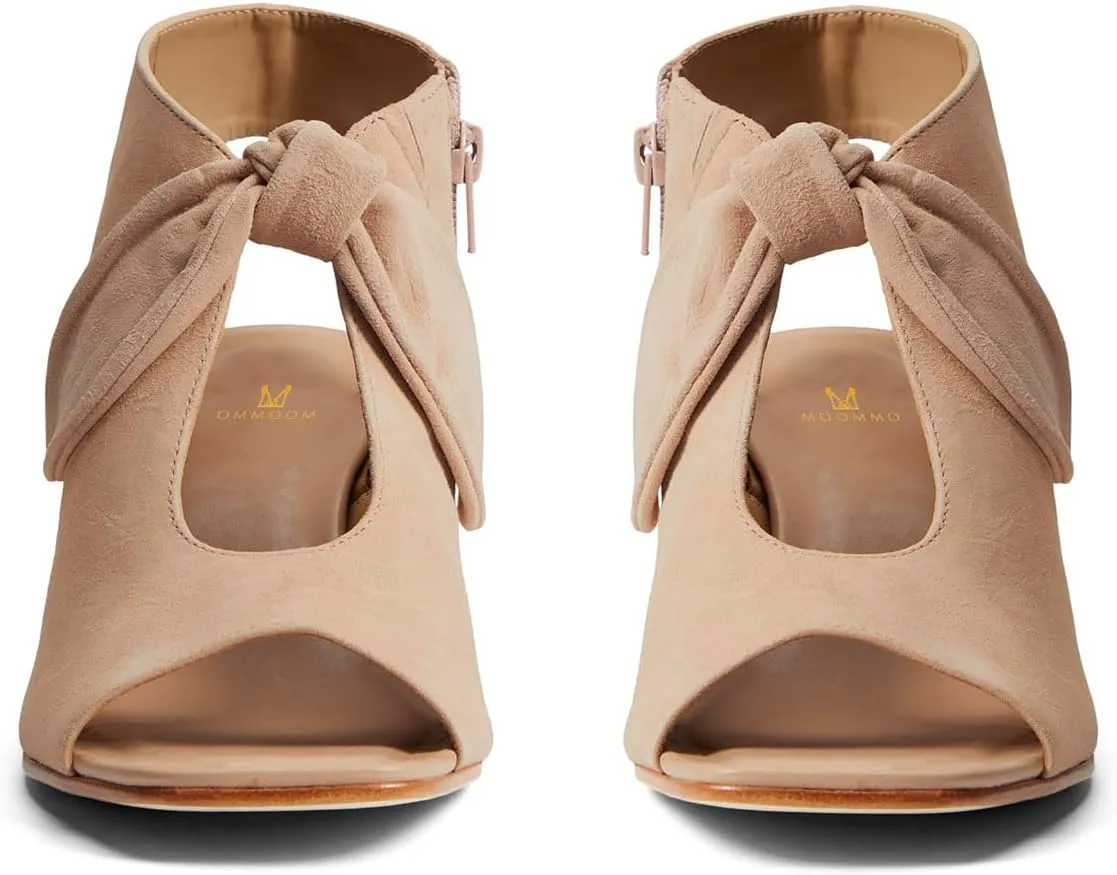 MOOMMO Women Heeled Sandals with Bow Open Toe Low Chunky Block Heel Sandal Booties Cutout 2" Heels Backless Slingback Dress Shoes Peep Toe Back Zipper Suede Sandal Dressy Summer Beach Casual 4-13 M US