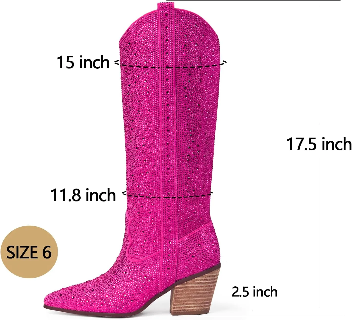 MUCCCUTE Women's Rhinestone Mid Calf Boots Sparkly Block Heel Cowboy Boots Glitter Boots