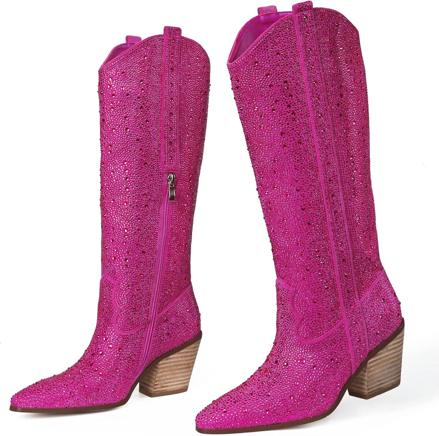 MUCCCUTE Women's Rhinestone Mid Calf Boots Sparkly Block Heel Cowboy Boots Glitter Boots