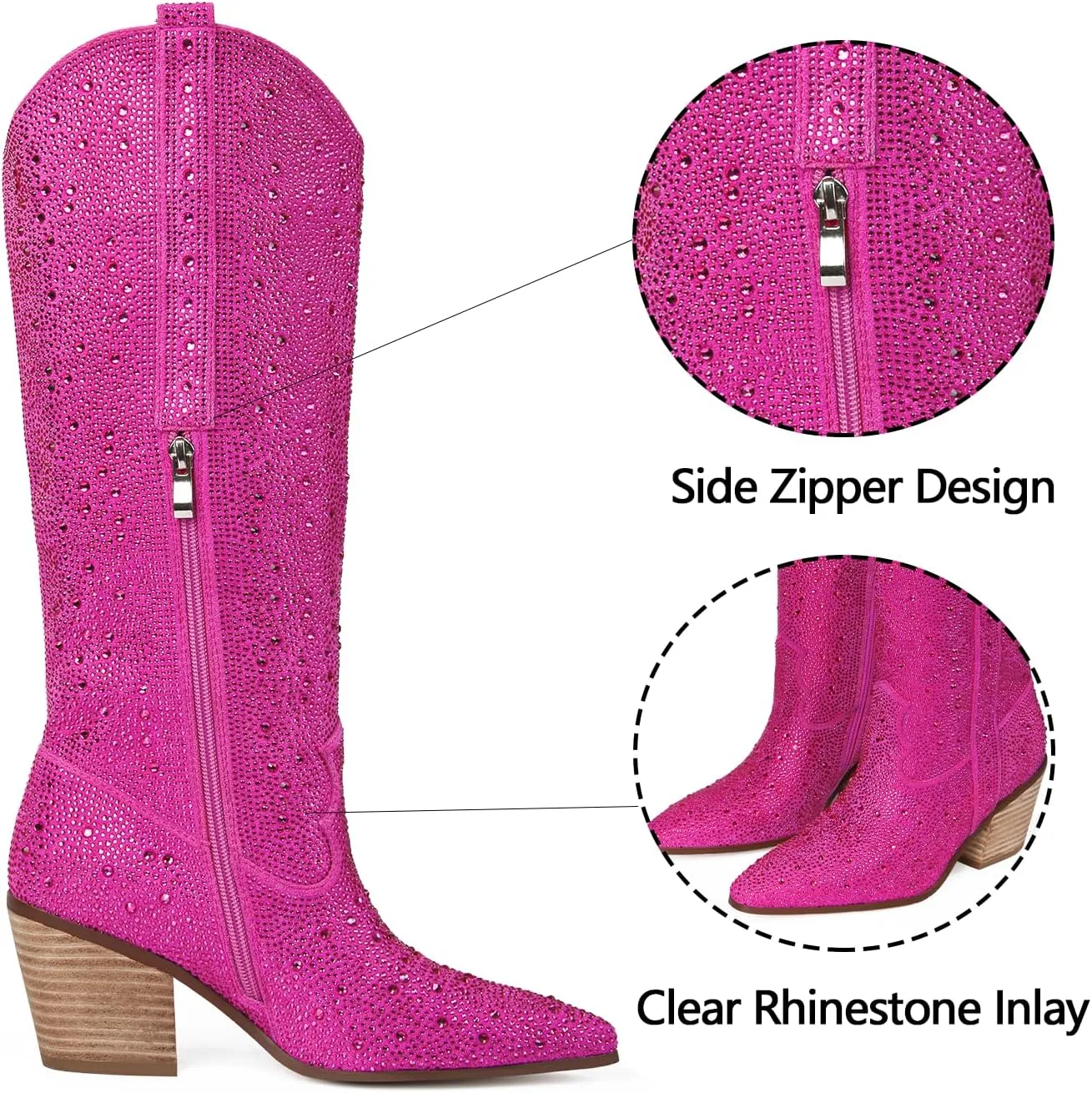 MUCCCUTE Women's Rhinestone Mid Calf Boots Sparkly Block Heel Cowboy Boots Glitter Boots