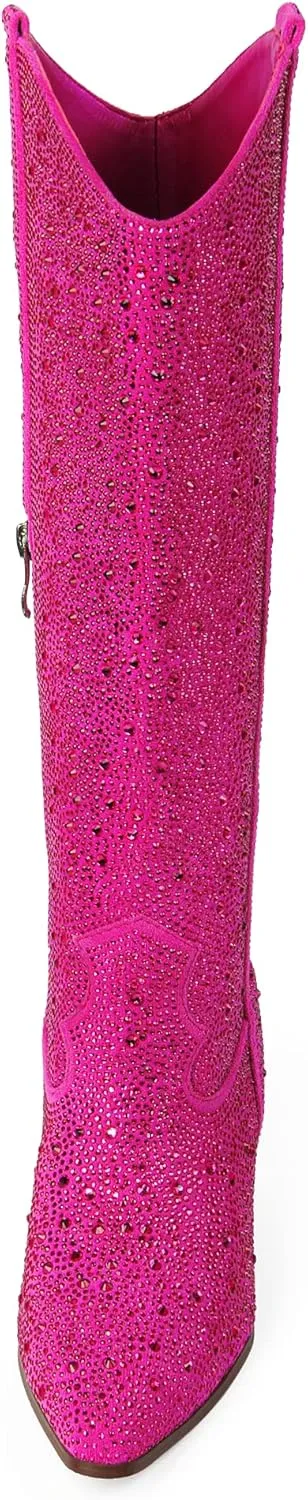 MUCCCUTE Women's Rhinestone Mid Calf Boots Sparkly Block Heel Cowboy Boots Glitter Boots