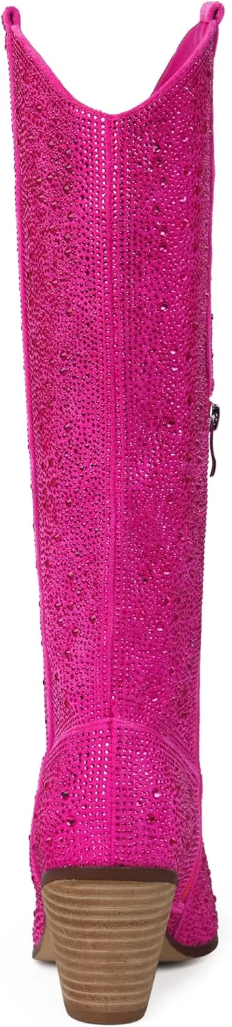 MUCCCUTE Women's Rhinestone Mid Calf Boots Sparkly Block Heel Cowboy Boots Glitter Boots