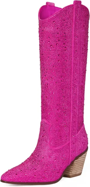 MUCCCUTE Women's Rhinestone Mid Calf Boots Sparkly Block Heel Cowboy Boots Glitter Boots