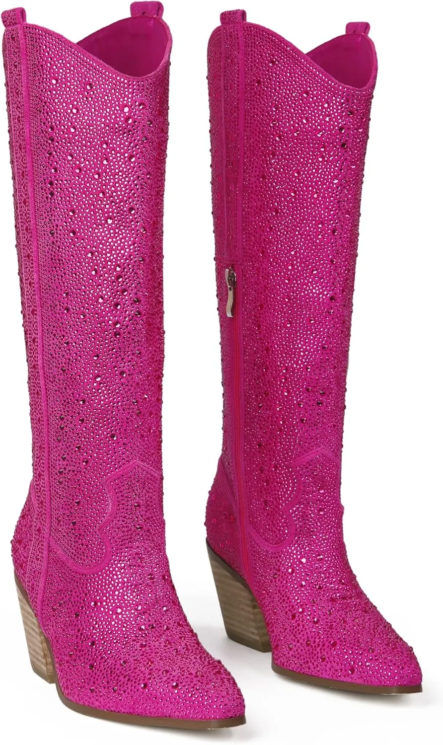 MUCCCUTE Women's Rhinestone Mid Calf Boots Sparkly Block Heel Cowboy Boots Glitter Boots