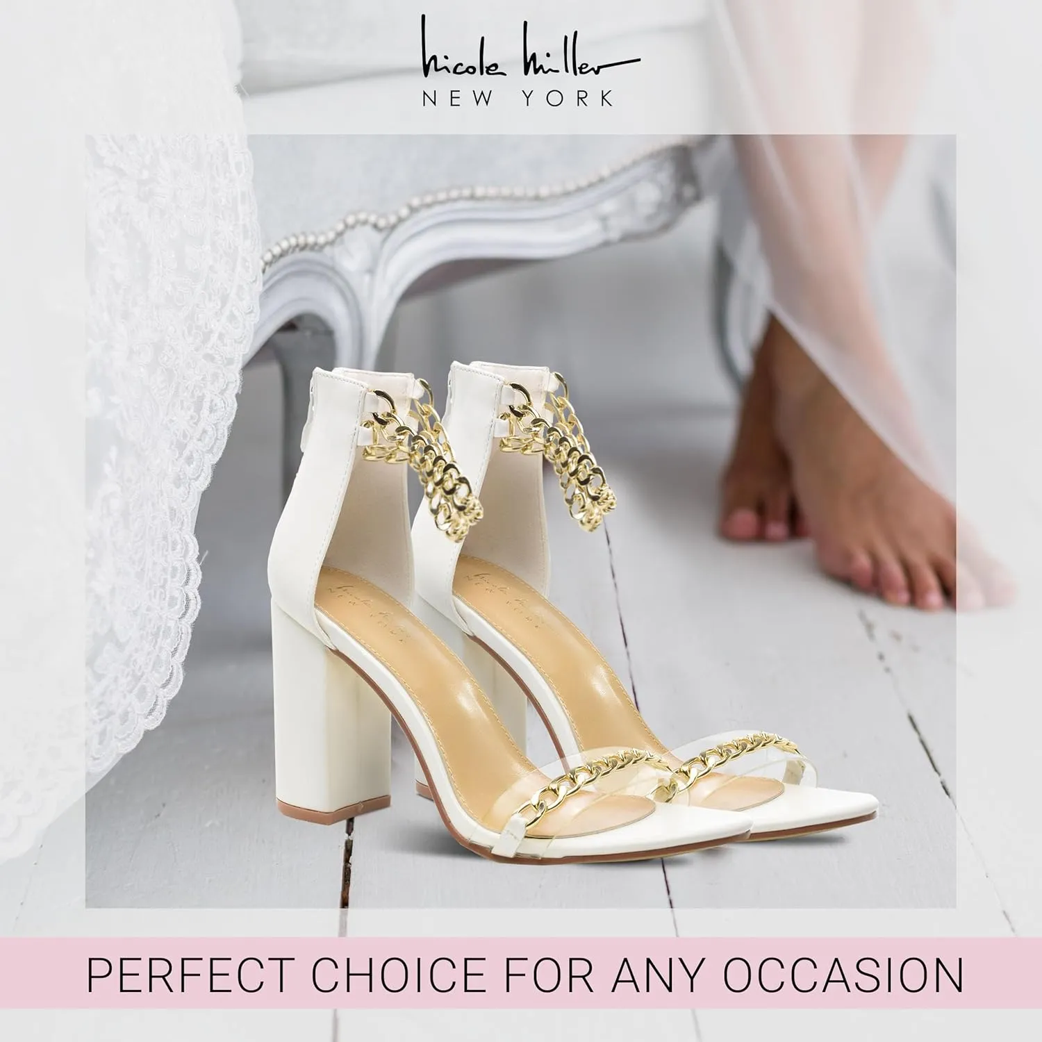 Nicole Miller Gabriella Women's Sandals, Women's Sandals with High Heels - Open Toe with Ankle Chain Strap and Back Zipper, Wedding Shoes for Bride, Fashionable High Heel Sandals for Parties