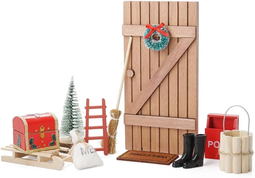 Odoria Miniature Fairy Door Dollhouse: 1/12 Scale Christmas Tree Wooden Ladder for Elf Gnome Garden Xmas Decoration - Mini Wreath Wall Furniture Garland Set Witch Broom for Craft Rustic Outdoor