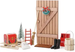 Odoria Miniature Fairy Door Dollhouse: 1/12 Scale Christmas Tree Wooden Ladder for Elf Gnome Garden Xmas Decoration - Mini Wreath Wall Furniture Garland Set Witch Broom for Craft Rustic Outdoor