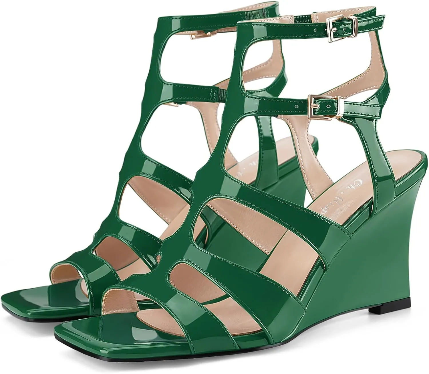 Oh Mispares Gladiator Sandals for Women Square Open Toe T-Strap Wedge Sandals Two Buckle Ankle Strap Heeled Strappy Heels Party Dressy Summer