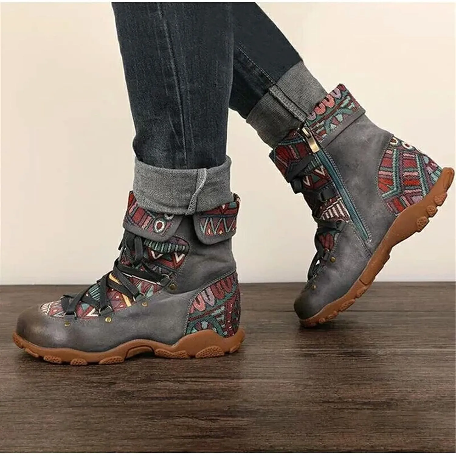 oiangi Boots for Women Ankle Booties Fashion Comfy Leather Arch Support Steel Toe Zipper Bohemian Boots Waterproof and Windproof Soft Damping Shoes