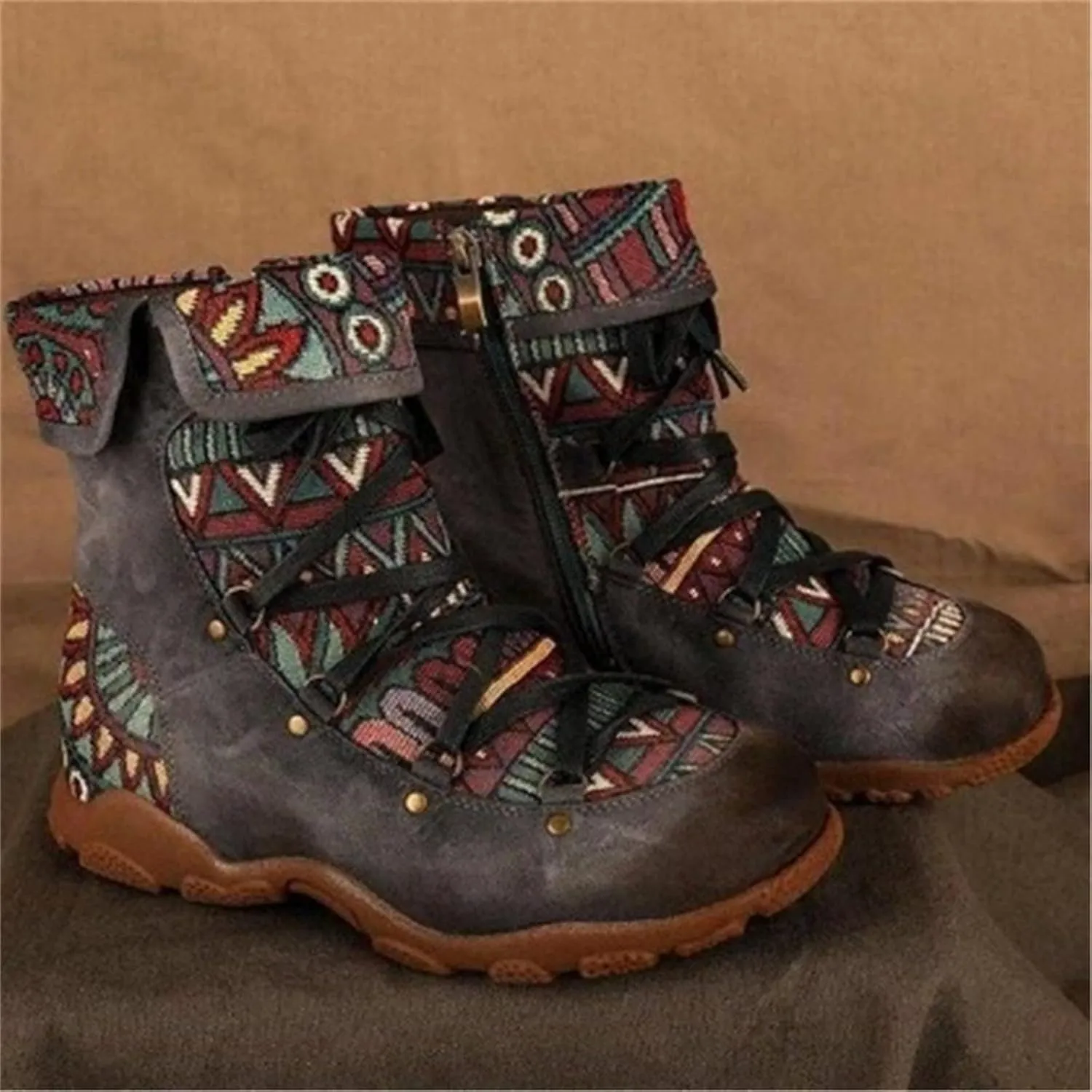 oiangi Boots for Women Ankle Booties Fashion Comfy Leather Arch Support Steel Toe Zipper Bohemian Boots Waterproof and Windproof Soft Damping Shoes