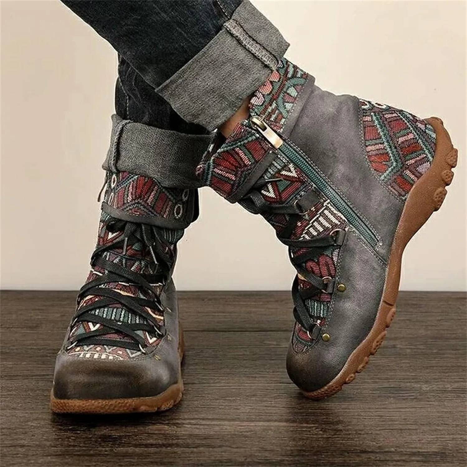 oiangi Boots for Women Ankle Booties Fashion Comfy Leather Arch Support Steel Toe Zipper Bohemian Boots Waterproof and Windproof Soft Damping Shoes