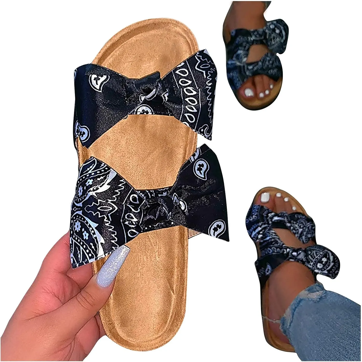 oiangi Bow Flat Sandals for Women Summer Trendy Casual Print Double Strap Open Toe Slip-on Slippers Lightweight Comfortable Beach Shoes Flip Flops