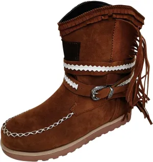 oiangi Fringed Boots Women Ankle Booties - Fashion Suede Round Toe Metal Belt Buckle Platform Flat Short Boots Vintage Casual Outdoor Non-slip Shoes