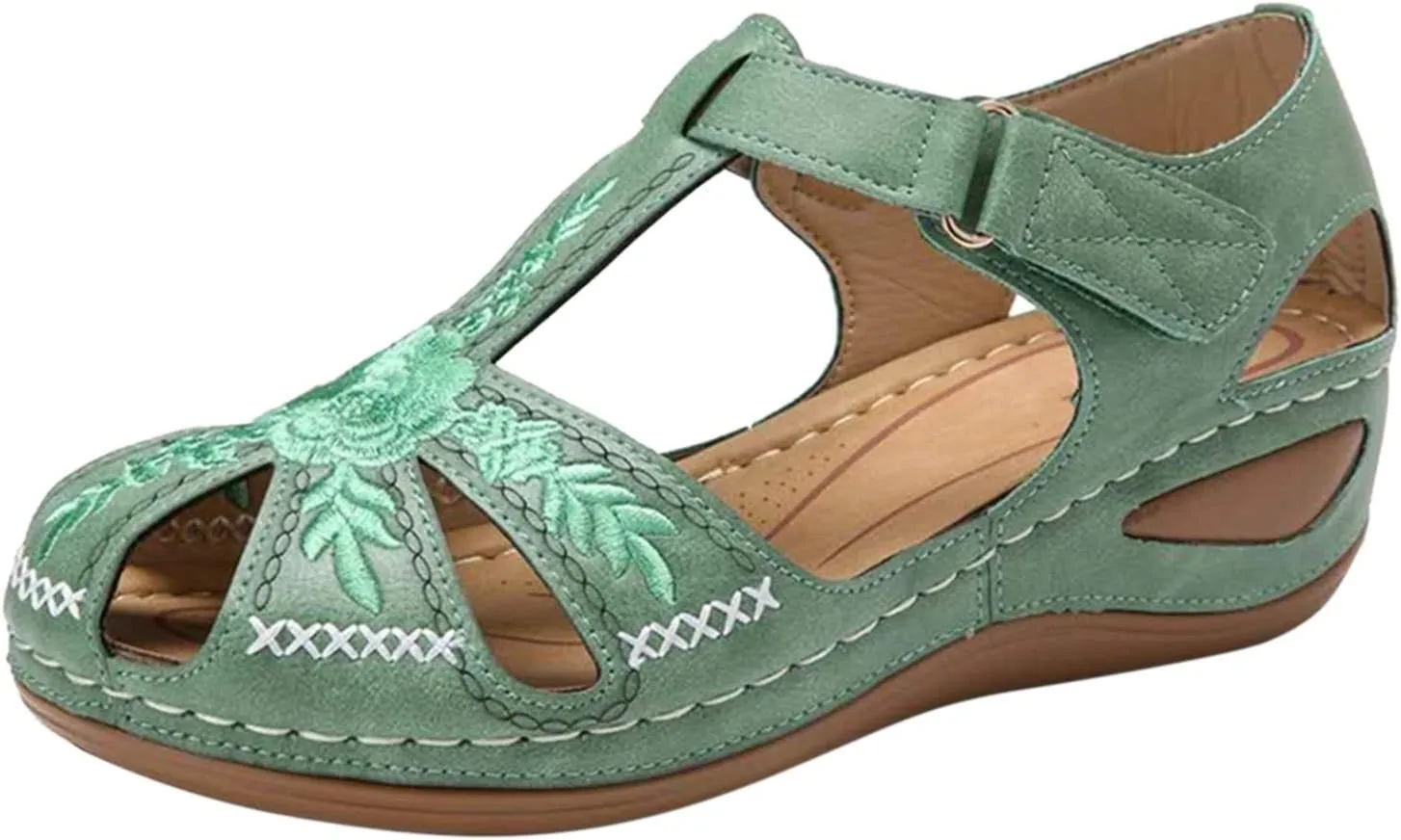 oiangi Soft Wedge Sandals for Women Comfortable Flower Embroidery Hollow Closed Toe Hook and Loop Slides Sandals Summer Sewing Thread Platform Casual Shoes Slippers