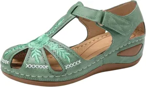 oiangi Soft Wedge Sandals for Women Comfortable Flower Embroidery Hollow Closed Toe Hook and Loop Slides Sandals Summer Sewing Thread Platform Casual Shoes Slippers