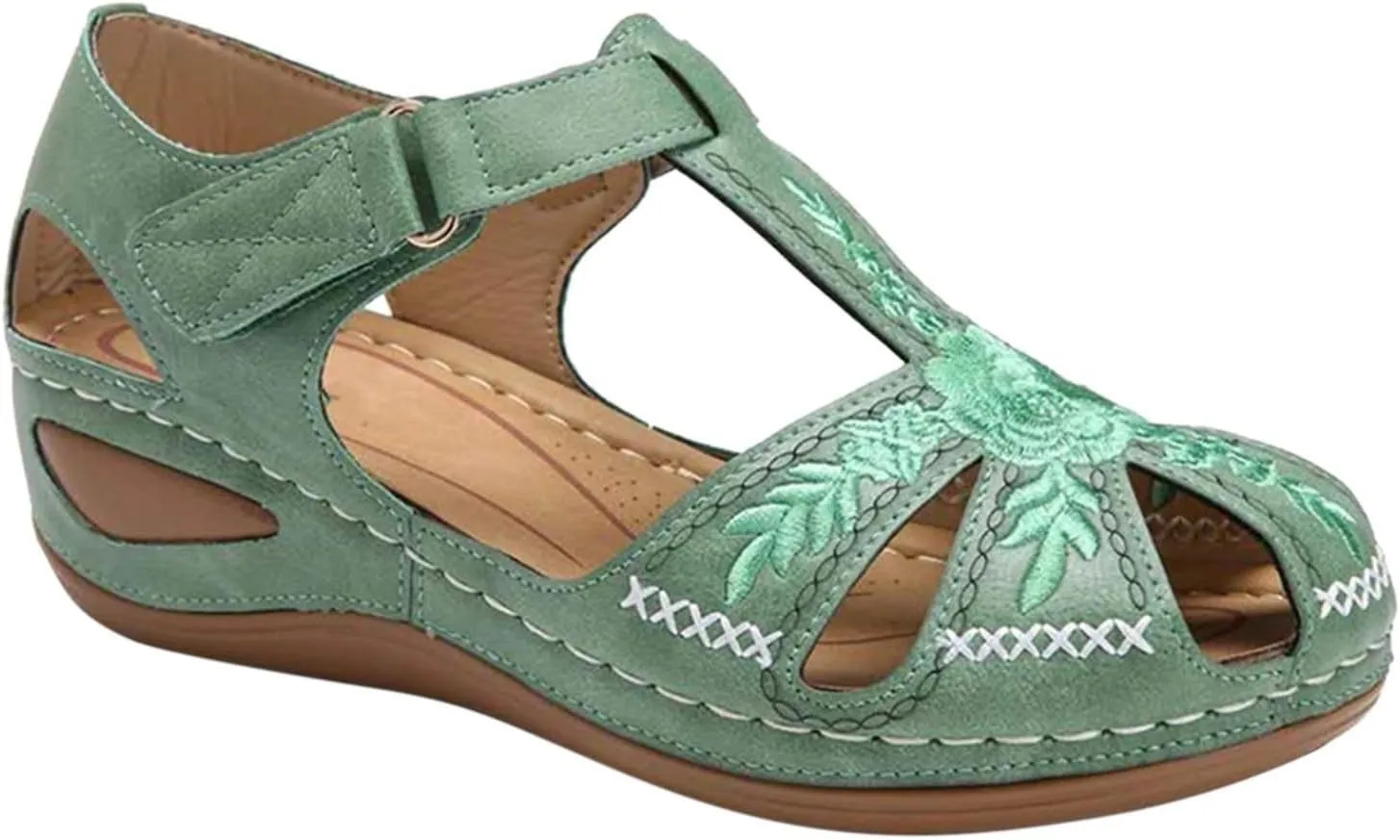 oiangi Soft Wedge Sandals for Women Comfortable Flower Embroidery Hollow Closed Toe Hook and Loop Slides Sandals Summer Sewing Thread Platform Casual Shoes Slippers