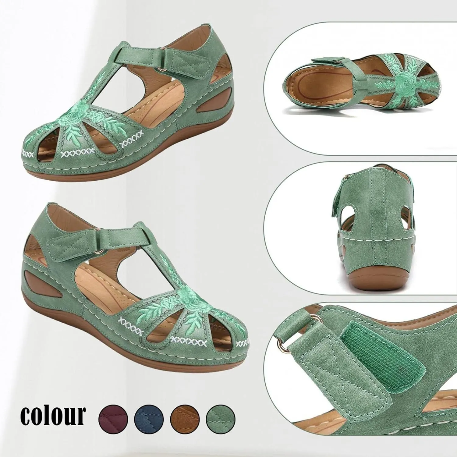 oiangi Soft Wedge Sandals for Women Comfortable Flower Embroidery Hollow Closed Toe Hook and Loop Slides Sandals Summer Sewing Thread Platform Casual Shoes Slippers