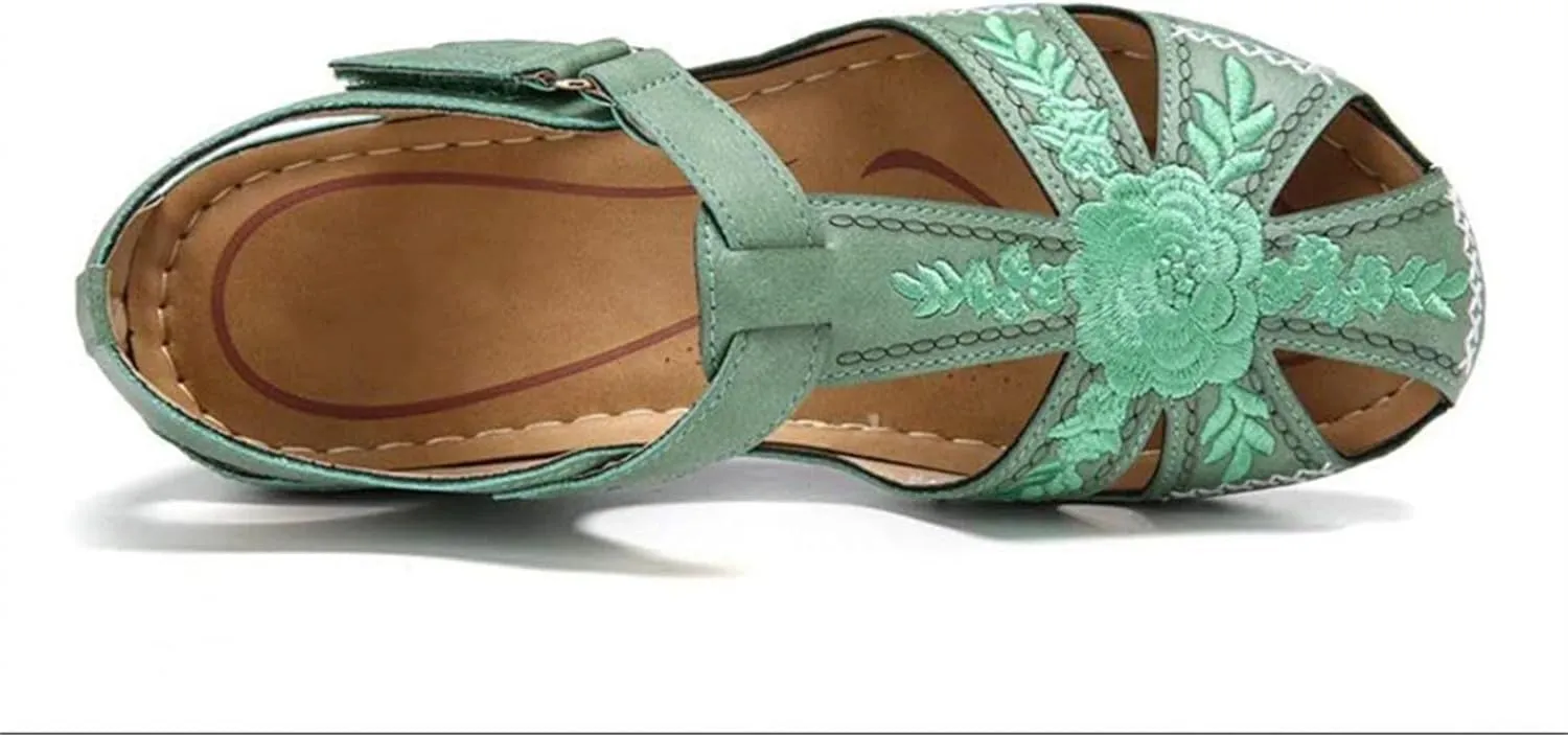 oiangi Soft Wedge Sandals for Women Comfortable Flower Embroidery Hollow Closed Toe Hook and Loop Slides Sandals Summer Sewing Thread Platform Casual Shoes Slippers