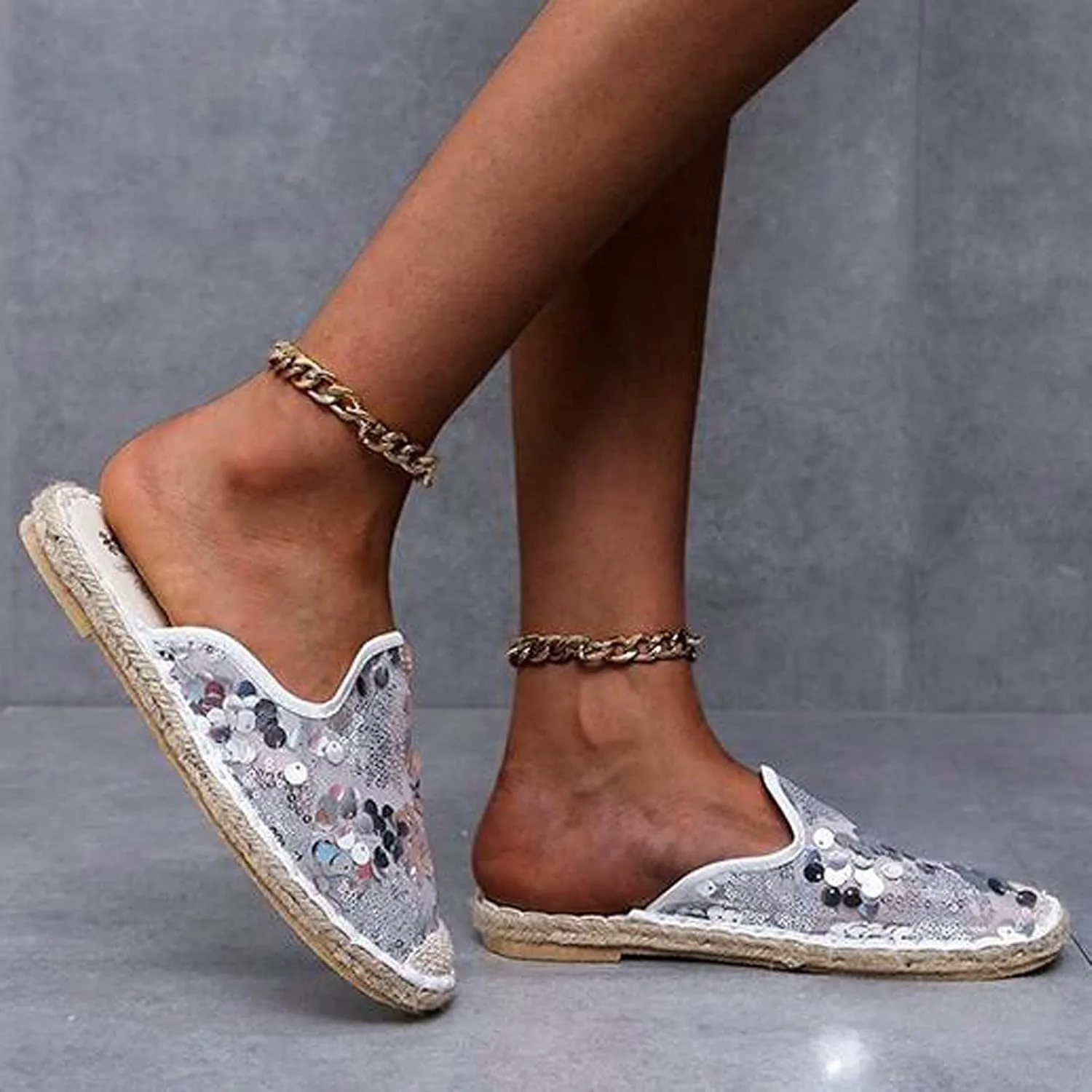 oiangi Sparkly Glitter Sandals for Women Casual Summer Closed Toe Slip-on Espadrille Flat Slipper Elegant Comfortable Home Outdoor Shoes Flip Flops