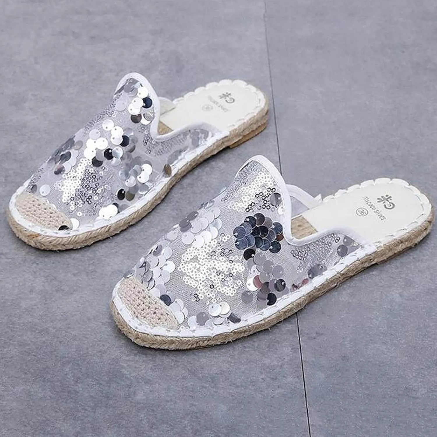 oiangi Sparkly Glitter Sandals for Women Casual Summer Closed Toe Slip-on Espadrille Flat Slipper Elegant Comfortable Home Outdoor Shoes Flip Flops