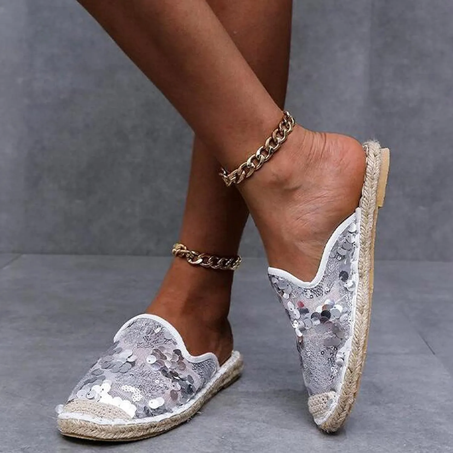 oiangi Sparkly Glitter Sandals for Women Casual Summer Closed Toe Slip-on Espadrille Flat Slipper Elegant Comfortable Home Outdoor Shoes Flip Flops