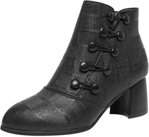 oiangi Vintage Ankle Boots for Women Chunky Heel Round Toe Side Zipper Block Mid Heel Booties Solid Color Retro Casual Comfy Outdoor Ladies Shoes
