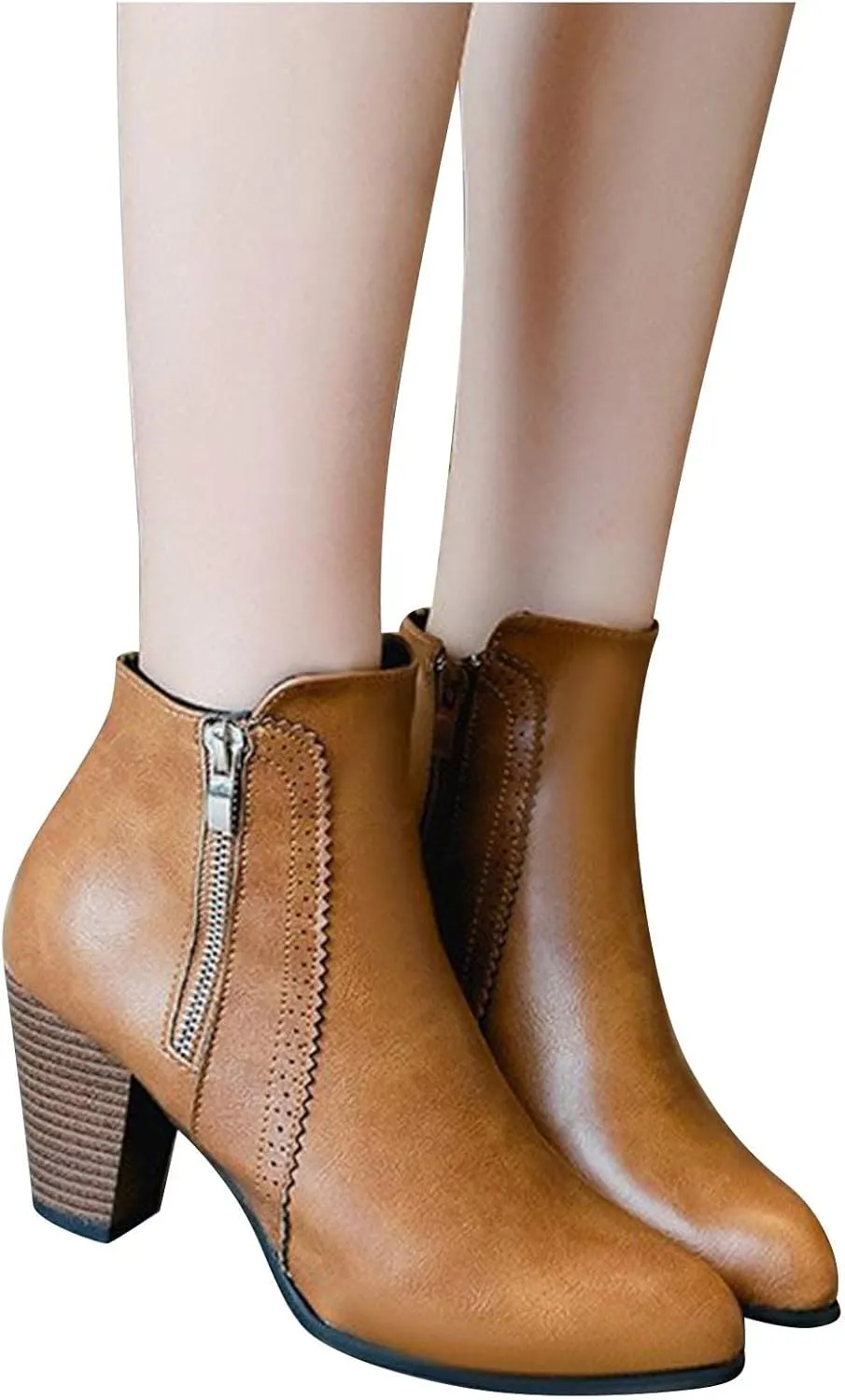 oiangi Womens Boots Fall 2022 Ankle Booties Vintage Slip on Round Toe Side Zipper Chunky Block Mid Heel Booties Solid Casual Comfy Outdoor Ladies Shoes