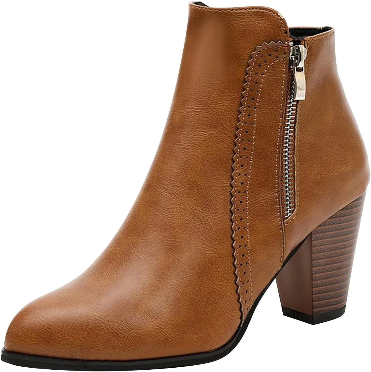 oiangi Womens Boots Fall 2022 Ankle Booties Vintage Slip on Round Toe Side Zipper Chunky Block Mid Heel Booties Solid Casual Comfy Outdoor Ladies Shoes