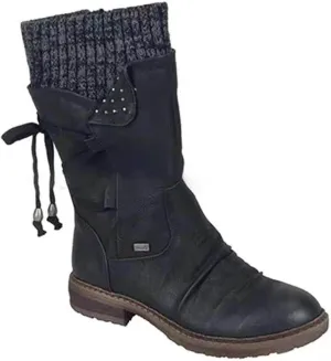 oiangi Womens Mid-calf Snow Boots Fashion Back Strap Woolen Yarn Elastic Round Toe Square Heel Slip-On Boots Winter Outdoor Warm Casual Shoes