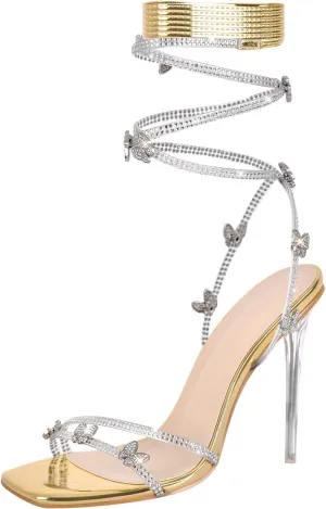 Onlymaker Women's Lace up Stiletto Heeled Sandals Square Toe Strappy Clear Heel Rhinestone Butterfly Dressy High Heel Shoes Golden Size 8