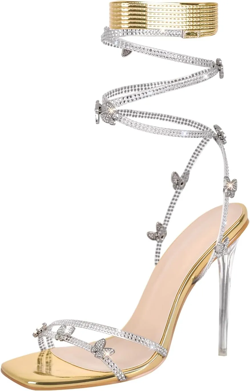 Onlymaker Women's Lace up Stiletto Heeled Sandals Square Toe Strappy Clear Heel Rhinestone Butterfly Dressy High Heel Shoes Golden Size 8