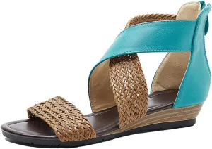 ORNVEION Women's Crossover Woven Low Wedges Rome Sandals,Bohemian Retro Non-Slip Back Zipper Casual Beach Walking Soft Flats Platform Dressy Sandals