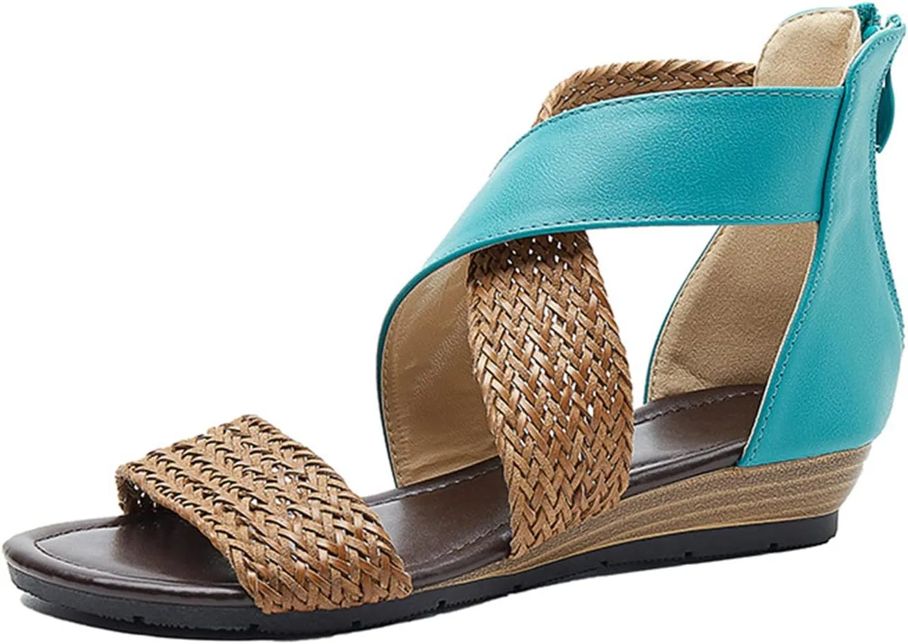 ORNVEION Women's Crossover Woven Low Wedges Rome Sandals,Bohemian Retro Non-Slip Back Zipper Casual Beach Walking Soft Flats Platform Dressy Sandals