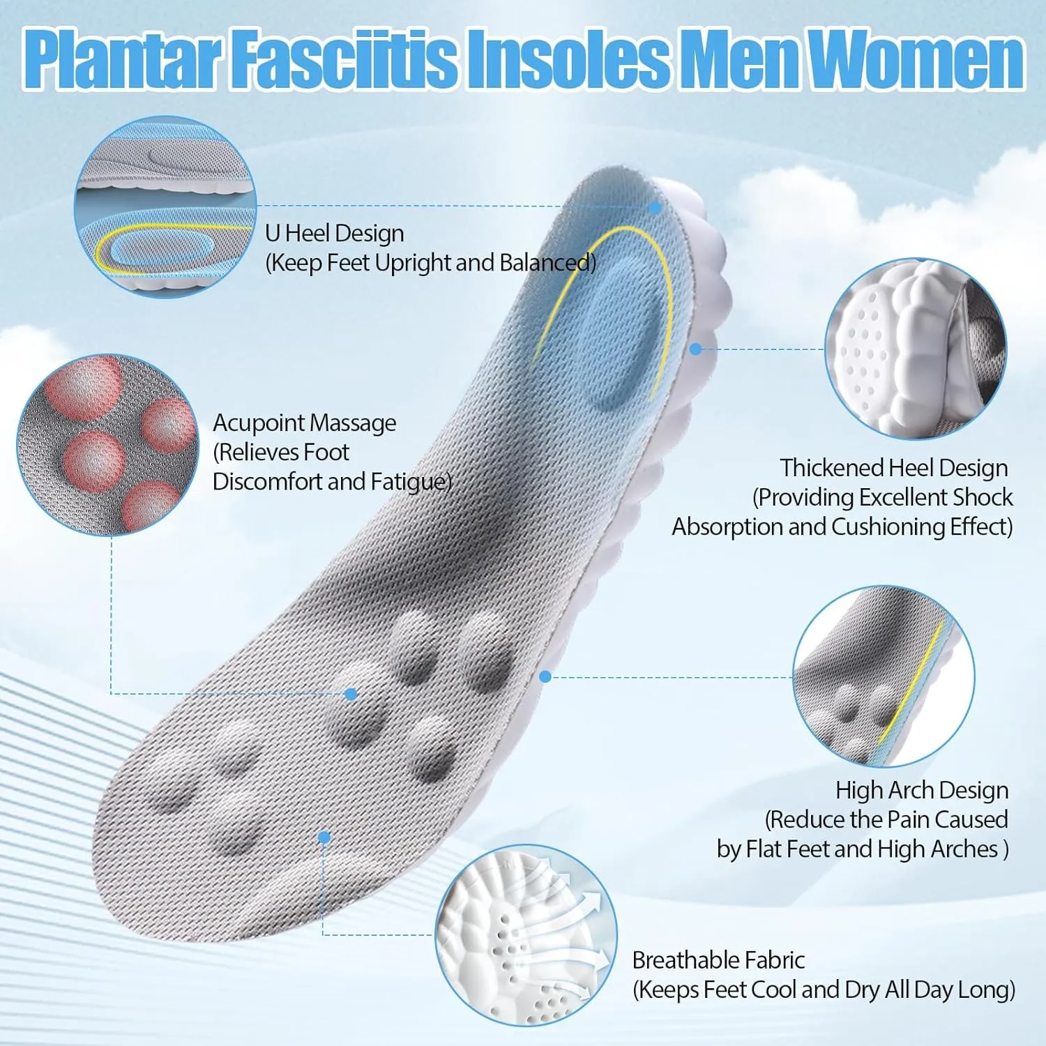 Orthopedic Insoles for Women & Men - Plantar Fasciitis Insoles - Sports Shoe Insoles - 4D Cloud Insole, Anti Fatigue, Shock Absorption, Foot Pain Relief (Orange, Men: US 8-11)