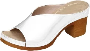 Orthopedic Sandals for Women Open Toe Non Slip Heeled Sandals Comfortable Beach Slippers Casual Summer Mules Shoes Soft Leather Block Chunky Mid Heels Sandal
