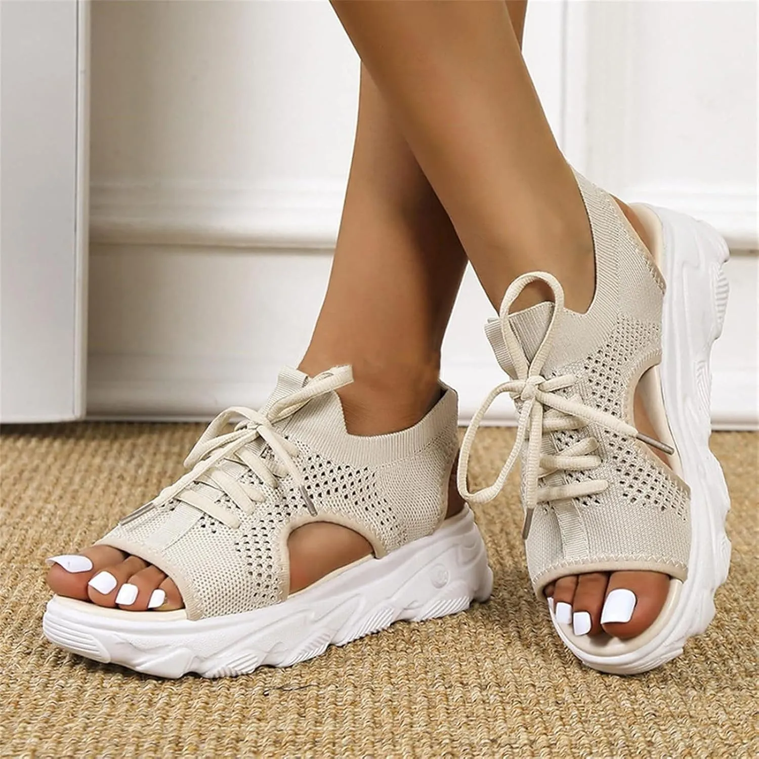 Orthopedic Wedge Sandals for Women Non Slip Cutout Lace-Up Muffin Sandals for Women Recovery Sport Outdoor Hiking Water Sandal Comfortable Outdoor Shoes