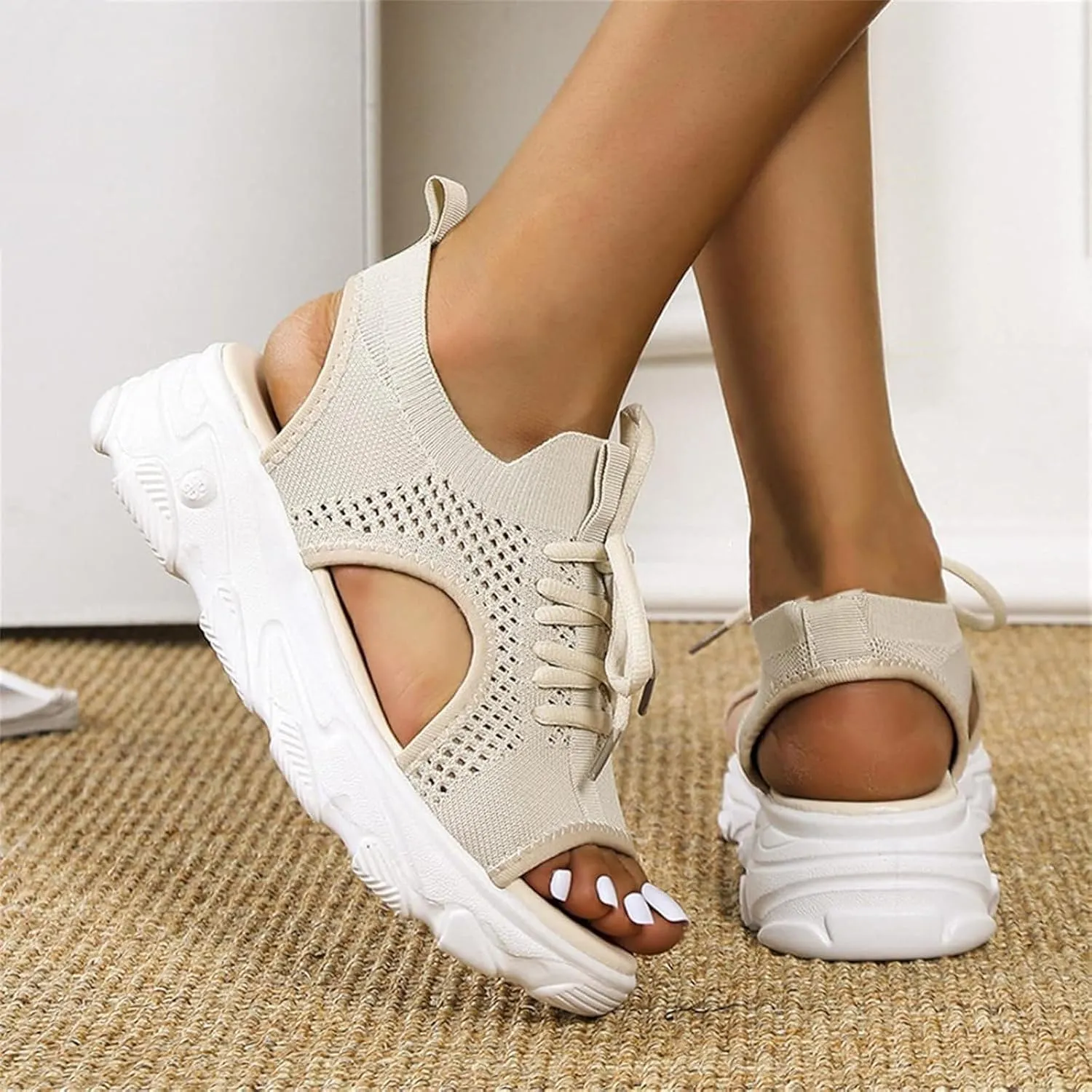 Orthopedic Wedge Sandals for Women Non Slip Cutout Lace-Up Muffin Sandals for Women Recovery Sport Outdoor Hiking Water Sandal Comfortable Outdoor Shoes