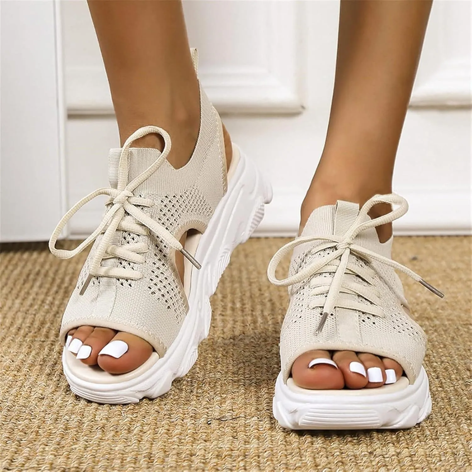 Orthopedic Wedge Sandals for Women Non Slip Cutout Lace-Up Muffin Sandals for Women Recovery Sport Outdoor Hiking Water Sandal Comfortable Outdoor Shoes