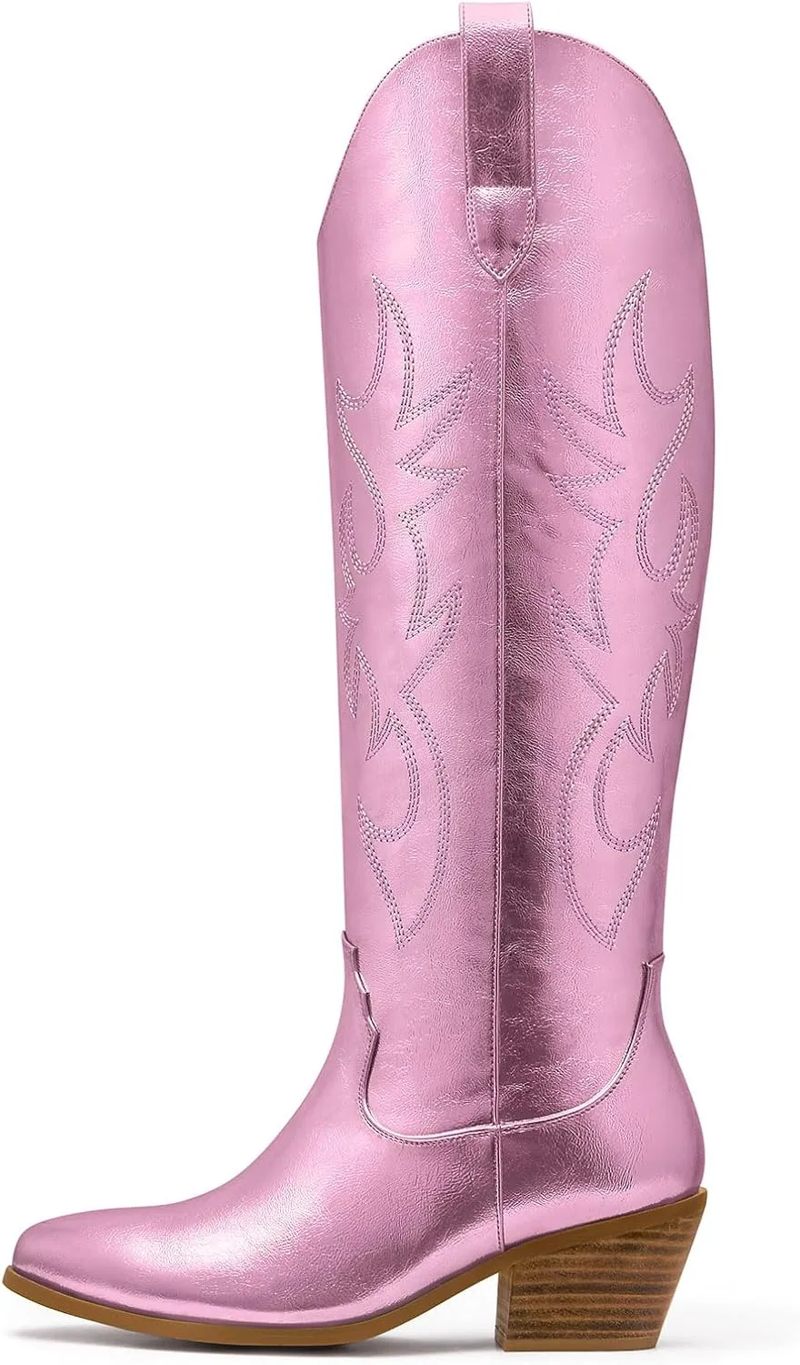 Ouepiano White Cowgirl Boots Women Cowboy Knee High Tall Boots Chunky Heel Pointed Toe Pull-On Western Wide Calf Boats Country Fashion