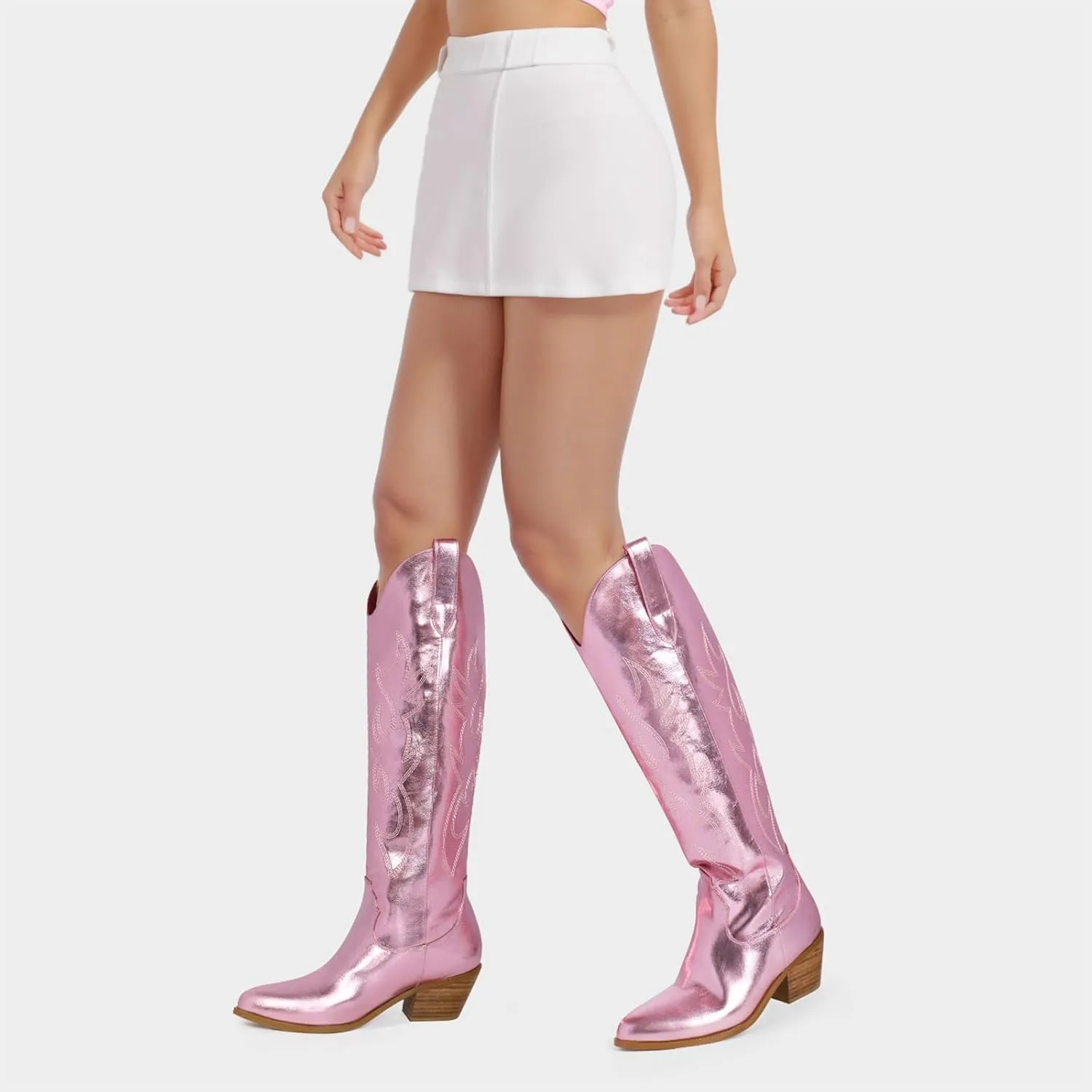 Ouepiano White Cowgirl Boots Women Cowboy Knee High Tall Boots Chunky Heel Pointed Toe Pull-On Western Wide Calf Boats Country Fashion